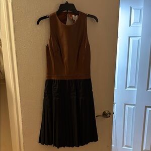 Brown Pleated Fit and Flare Midi Dress